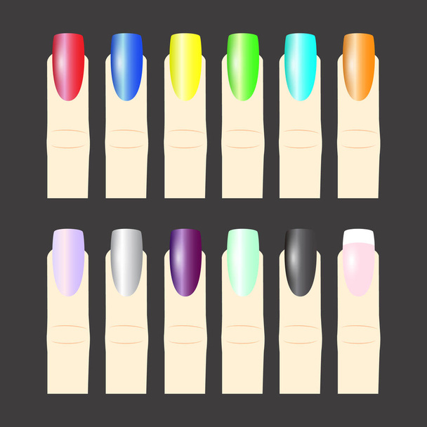 Sammlung von Fingern mit verschiedenen Farben Nagellack auf grauem Hintergrund. - Vektor, Bild