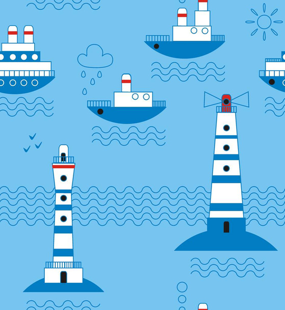 Море, кораблі, маяки, чайки, хмари, сонце
 - Вектор, зображення
