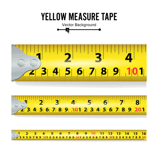 Ruban à mesurer jaune vecteur. Mesurer l'équipement d'outils en pouces. Plusieurs variantes à échelle proportionnelle
. - Vecteur, image