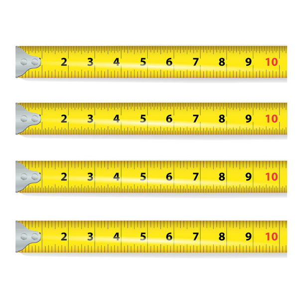 Vektor, páska žlutá opatření. Centimetr a palce. Opatření nástroj zařízení ilustrace izolované na bílém pozadí. Několik variant, proporcionálně měřítko. - Vektor, obrázek