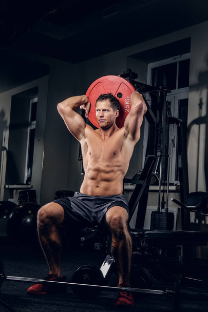 Muscular man holds barbell weight - Fotoğraf, Görsel