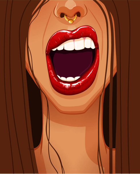 Close-up do rosto da mulher sexy com belos lábios vermelhos completos e boca aberta
 - Vetor, Imagem