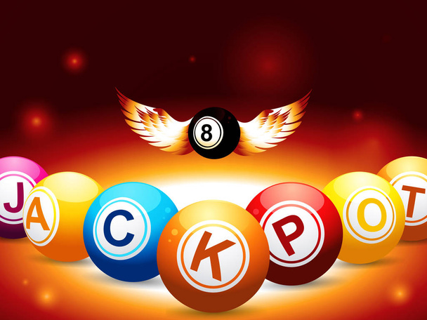 Jackpot és a szám-8 golyó, Wings, izzó háttér - Vektor, kép