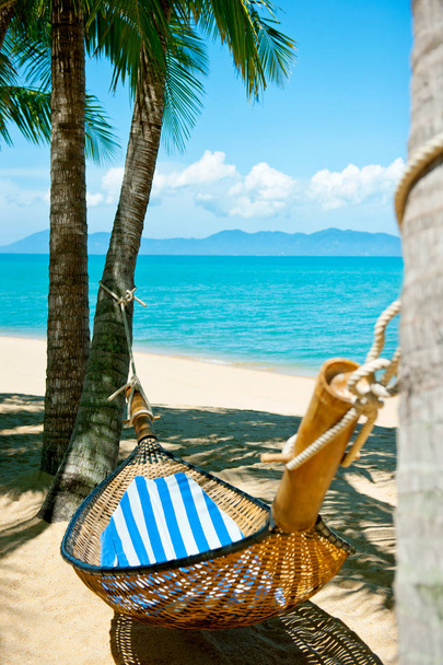 Прекрасный пляж. Гамак между двумя пальмами на пляже. Концепция отдыха и отдыха. Тропический пляж
. - Фото, изображение