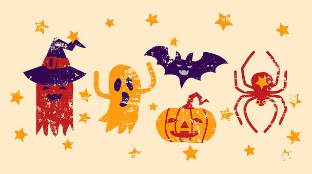 Halloween szörnyek, a szellemek, a pók, a sütőtök és a denevér kártya  - Vektor, kép