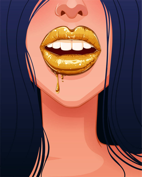 Close-up of sexy blonde woman's beautiful lips with dripping gold lipgloss - Vector, Image