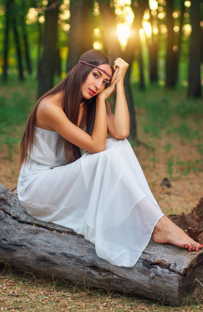 Outdoor Portret van prachtige hippie meisje, zittend op een droge logboek - Foto, afbeelding