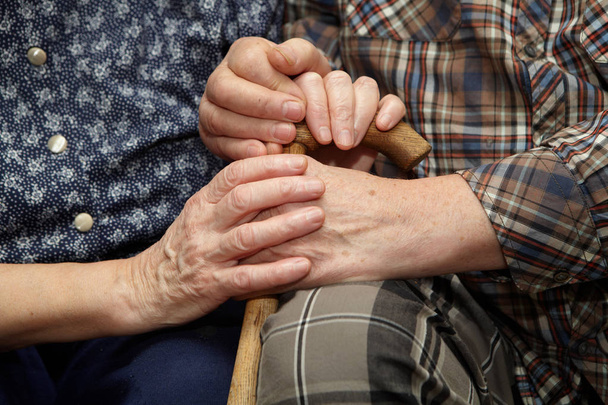 Old couple hands with cane - Φωτογραφία, εικόνα