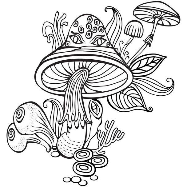 Coloring book page for adult with mushrooms - Vector, Image