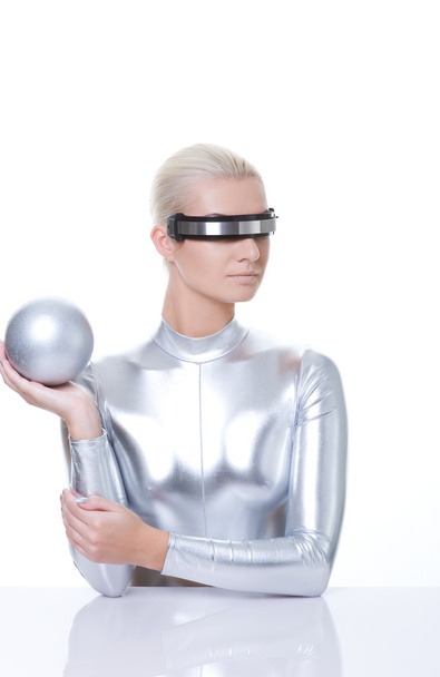 Beautiful cyber woman with silver ball - Photo, Image