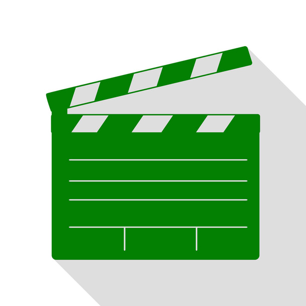 Film clap board bioscoop teken. Groen pictogram met vlakke stijl schaduw pad. - Vector, afbeelding
