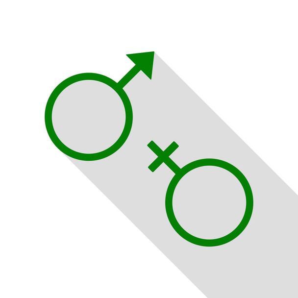 Σημάδι σύμβολο του σεξ. Πράσινο εικονίδιο με επίπεδη στυλ σκιάς διαδρομή. - Διάνυσμα, εικόνα