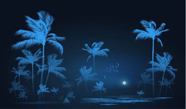 Tropical background with palm trees at nigh, vector illustration - Vector, Image