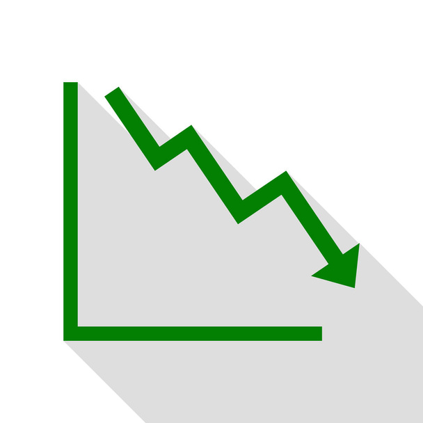 Arrow pointing downwards showing crisis. Green icon with flat style shadow path. - Vector, Image