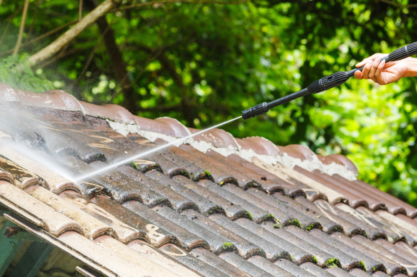 Roof cleaning with high pressure water cleaner - Photo, Image