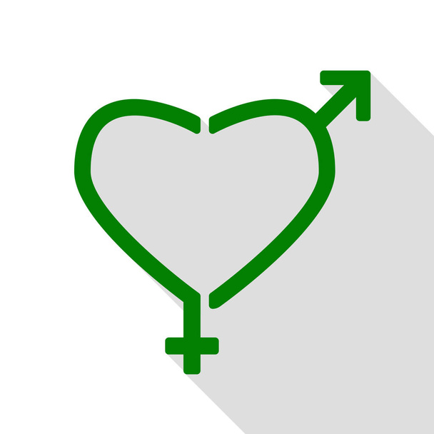 Płeć podpisuje w kształcie serca. Zielona ikona z ścieżkę cień płaski. - Wektor, obraz