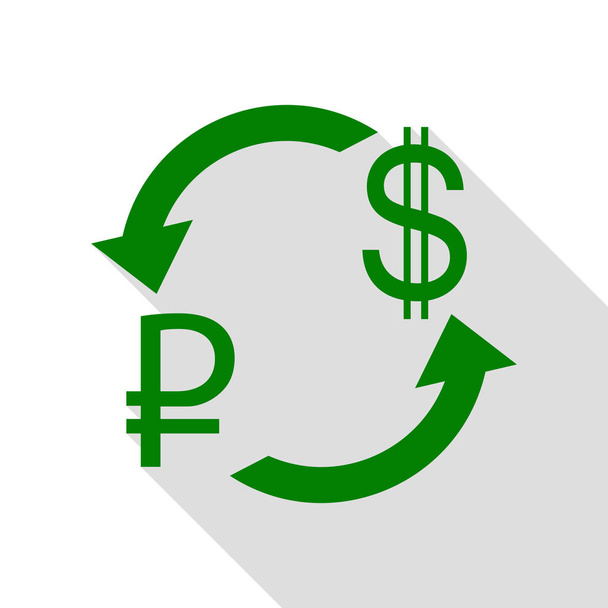 Segno di cambio valuta. Rublo e Dollaro USA Icona verde con percorso ombra in stile piatto
. - Vettoriali, immagini