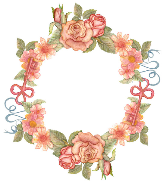Watercolor flower wreath with keys, locks, ribbons - Фото, изображение
