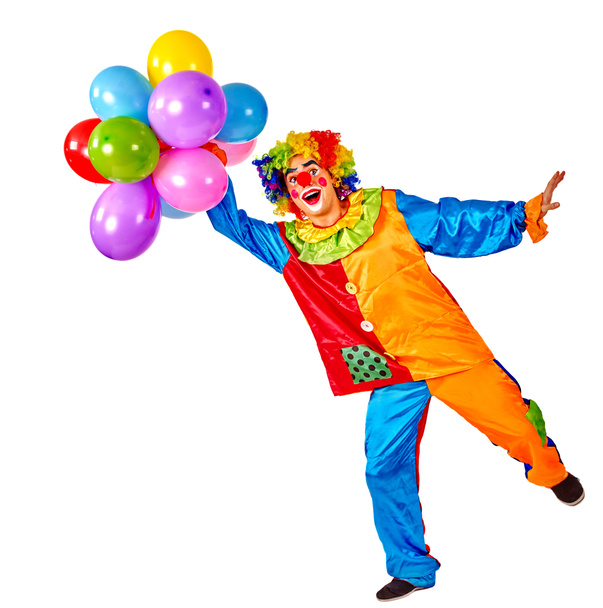 День народження дитини клоун з повітряними кулями на ізольованій
. - Фото, зображення