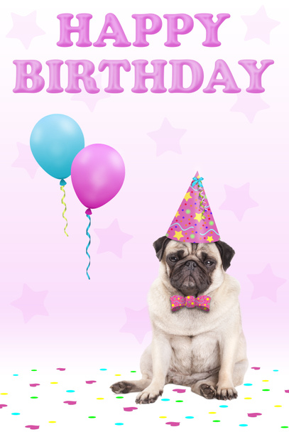 χαριτωμένο γκρινιάρης αντιμέτωποι πατημασιά κουτάβι σκυλί με κόμμα καπέλο, μπαλόνια, κομφετί και κείμενο χαρούμενα γενέθλια, σε ροζ φόντο - Φωτογραφία, εικόνα