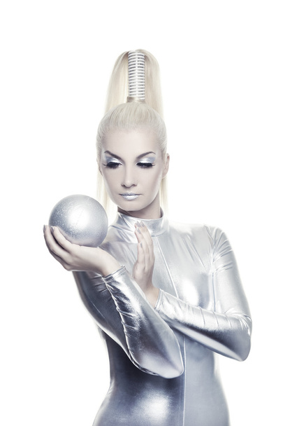 Beautiful cyber woman with silver ball - 写真・画像