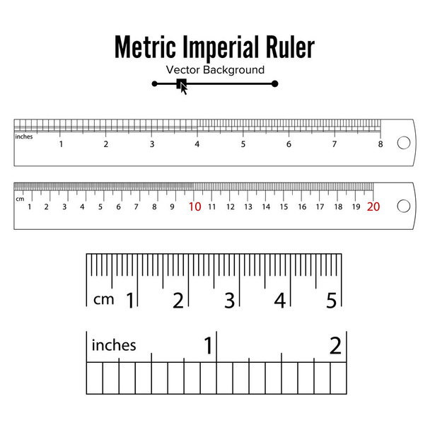 Vector de reglas imperiales métricas. Centímetro y pulgada. Instrumentos de medición Equipo Ilustración Aislado sobre fondo blanco
. - Vector, Imagen