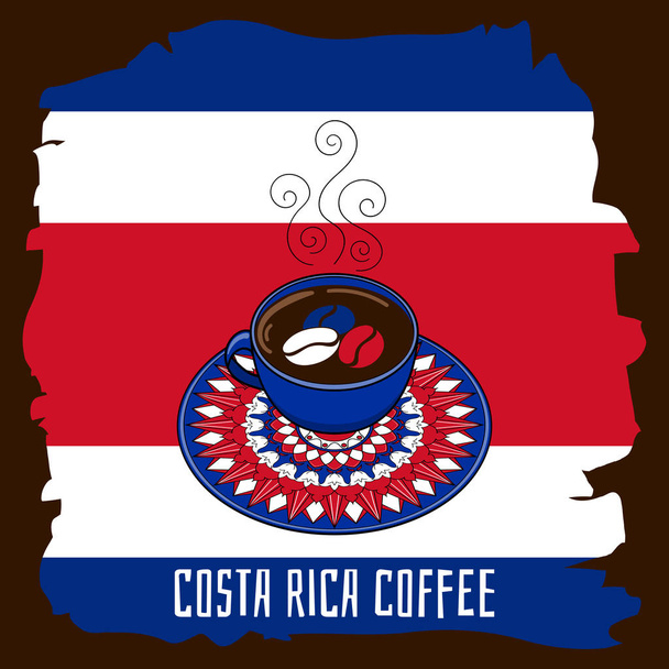 Costa Rica coffee illustration with country flag colored background and coffee cup. - Διάνυσμα, εικόνα