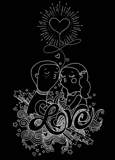 Doodle liefhebbers, een jongen en een meisje samenstelling met liefde hand lette - Vector, afbeelding
