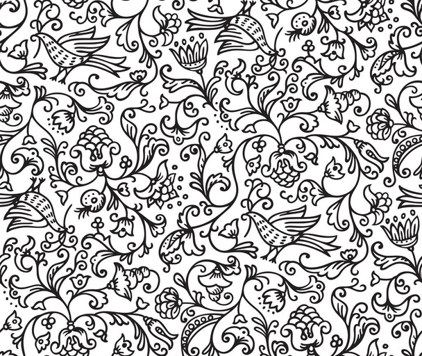 Seamless Floral Pattern Background With Birds and Flowers - Wektor, obraz