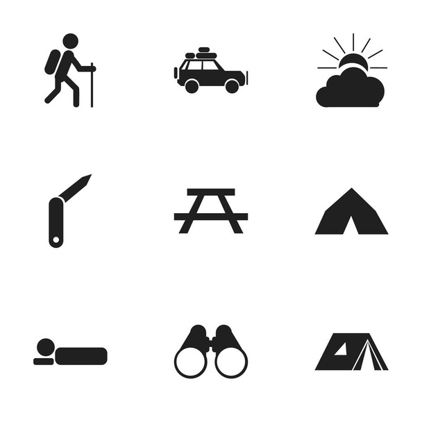 Készlet 9 szerkeszthető utazás ikonok. Magában foglalja a szimbólumok, mint a menedék, bugylibicskáját-, Napkelte, és több. Lehet használni a Web, mobil, Ui és Infographic Design. - Vektor, kép