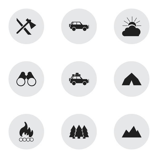 Set van 9 bewerkbare reizen iconen. Bevat symbolen zoals Tipi, Tomahawk, reis auto en meer. Kan worden gebruikt voor Web, Mobile, Ui en Infographic Design. - Vector, afbeelding