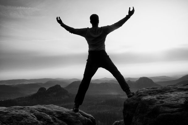 Un homme heureux aux bras levés triomphe sur une falaise exposée. Satisfaire la silhouette de randonneur sur la falaise de grès regardant vers le bas au paysage vallonné
.  - Photo, image