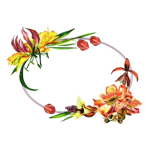 Trópusi Hawaii levelek és virágok-akvarell stílusú elkülönített keret. - Fotó, kép