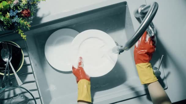 Weiße Teller per Hand unter einem starken Wasserstrahl waschen - Filmmaterial, Video
