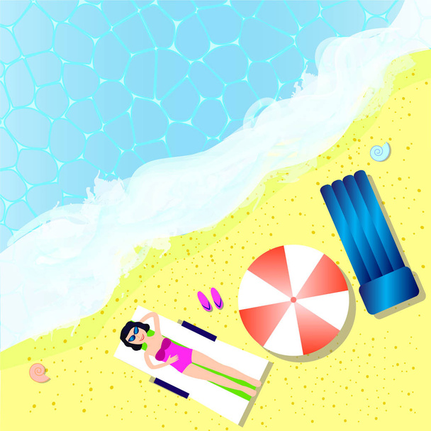 Vue sur la mer et la plage. Femme sur la plage allongée sur un transat avec parasol, matelas gonflable. Concept vacances d'été, illustration vectorielle
 - Vecteur, image