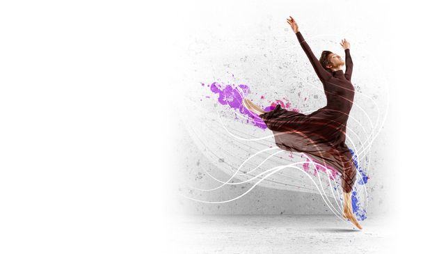 Girl in color dress dancing.Collage - Zdjęcie, obraz