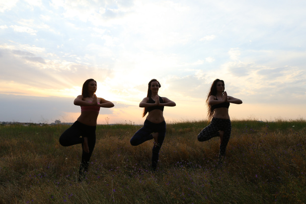 Энергичные девушки, стоящие на одной ноге и согнутые на локтях в f
 - Фото, изображение