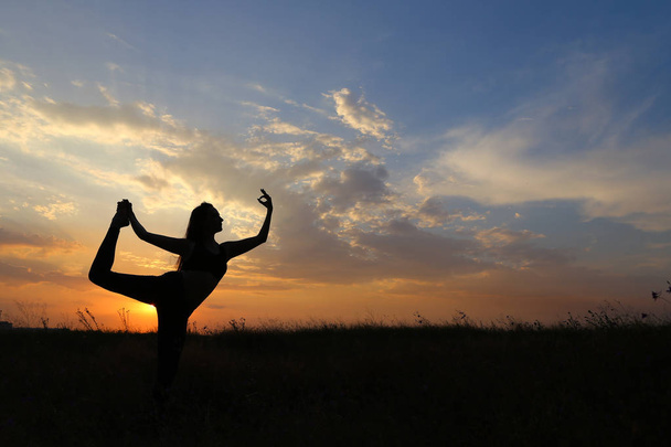 Štíhlá dívka ukazuje různé pózy a tančí v pole venku - Fotografie, Obrázek