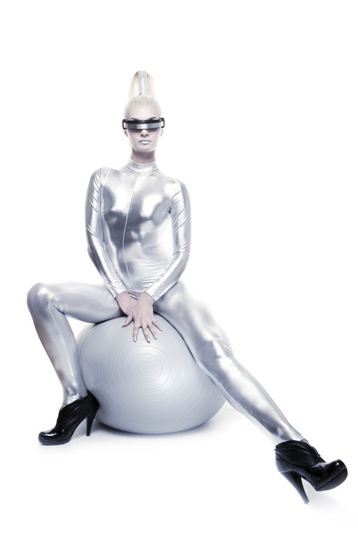 Cyber woman sitting on a silver ball - Φωτογραφία, εικόνα