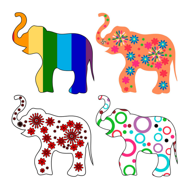 Sada 4 pestrobarevným slonů - Vektor, obrázek