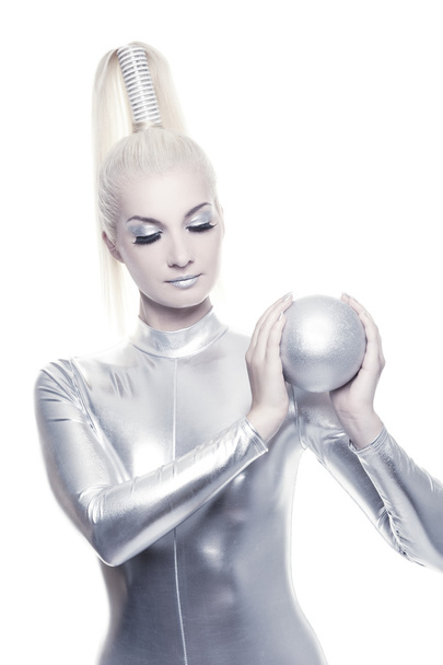 cyber woman with silver ball - Foto, imagen