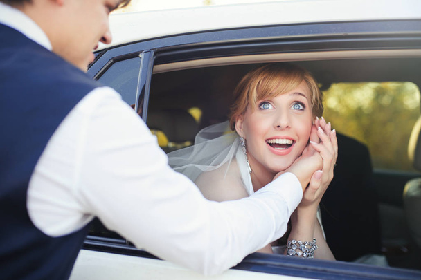 Arabada kocasıyla mutlu kadın - Fotoğraf, Görsel