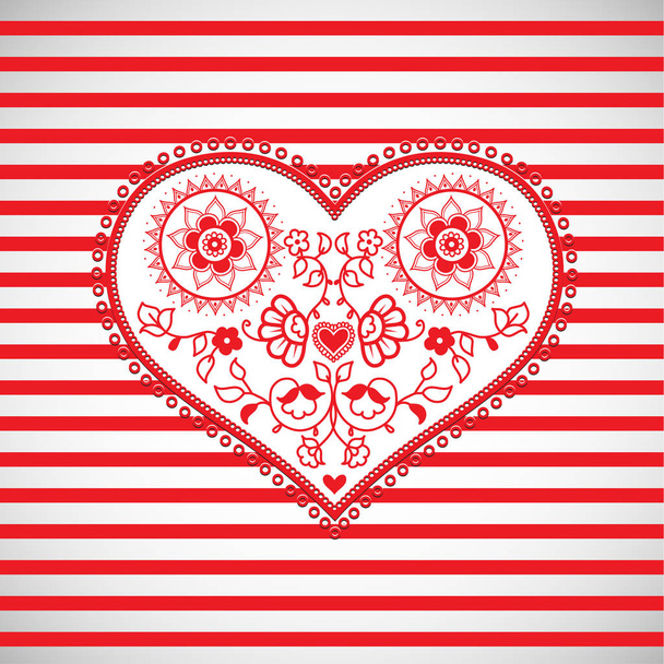 Ilustración de ornamento en forma de corazón sobre fondo rayado rojo para
  - Vector, imagen