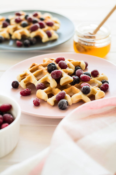 Belgian waffles with honey and frozen berries  - Fotoğraf, Görsel