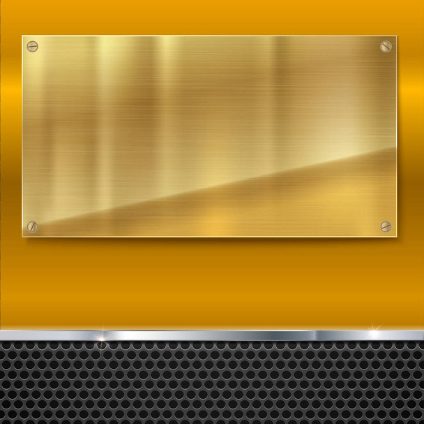 Shiny brushed metal gold, yellow plate with screws. - Vector, Image