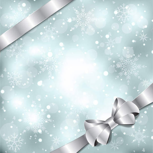 Fondo navideño elegante con lazo plateado, cinta y copos de nieve. Ilustración vectorial
 - Vector, imagen