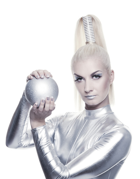 Beautiful cyber woman with silver ball - Foto, imagen