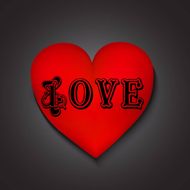 Red heart with Love tattoo isolated on dark background. Vector illustration - Vektör, Görsel
