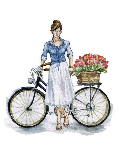 Girl with a bike. Hand drawn watercolor illustration - Vector, Image