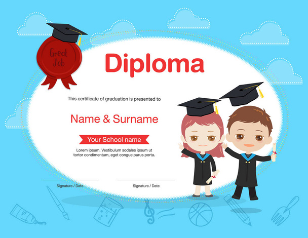 Colorful kids diploma certificate template in cartoon style with boy and girl holding diploma and wearing academic dress and graduation cap  - Vector, Image